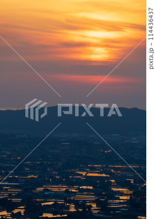 夕日に染まる砺波平野の散居村(5月)|散居村展望台より撮影|富山県砺波市 夕日に染まる砺波平野の散居村(5月)|散居村展望台より撮影|富山県砺波市 114436437