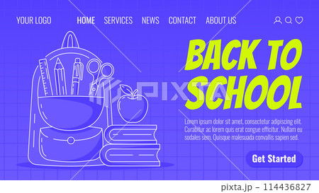 Backpack with school supplies, stack of books and apple. Back to school, education, learning concept. Vector template for web, banner, poster, landing page, website Backpack with school supplies, stack of books and apple. Back to school, education, learning concept. Vector template for web, banner, poster, landing page, website 114436827