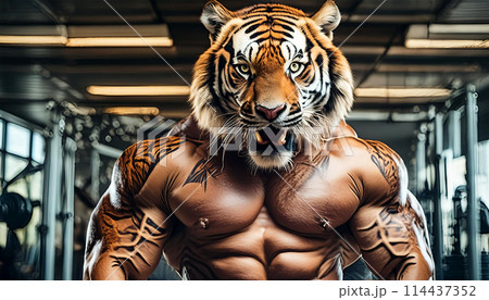 Very Muscular Man With Roaring Tiger Head in a Gym - Generative Ai 114437352