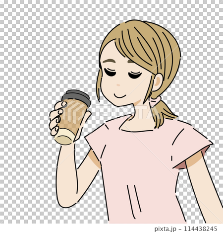 笑顔でドリンクを飲む女性 114438245