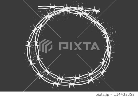 Barbed wire twisted ring y2k, round border tattoo, gothic textured steel frame, spiky oval barrier, silhouette isolated on dark background. Barbed wire twisted ring y2k, round border tattoo, gothic textured steel frame, spiky oval barrier, silhouette isolated on dark background. 114438358