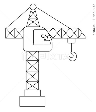 Vector black and white lifting crane with hook. Construction site, road work line icon. Building transportation clipart. Cute special transport illustration. Tall tower hoist coloring page 114439232