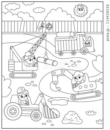 Vector black and white construction site landscape illustration. Line scene with kid drivers in tractor, truck, crane repairing track. Repair service, road work background, coloring page with 114439338