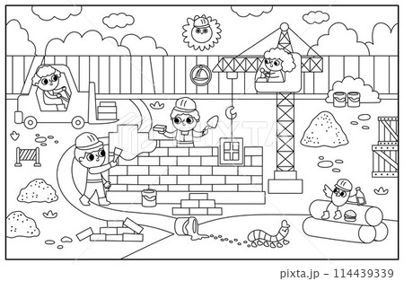 Vector black and white construction site landscape illustration. Line scene with kid workers building a brick house. Horizontal background, coloring page with funny builders, lifting crane, vehicles 114439339