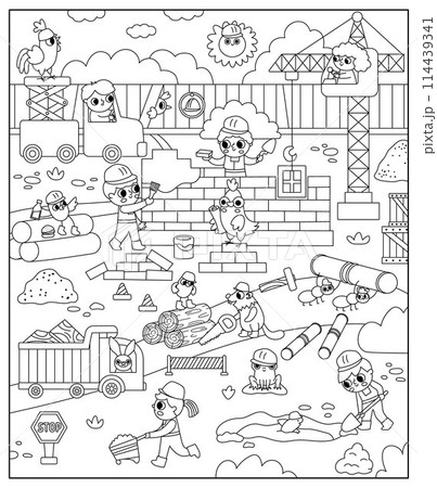 Vector black and white construction site landscape illustration. Line scene with kid workers building a brick house. Vertical background, coloring page with funny builders, lifting crane, vehicles Vector black and white construction site landscape illustration. Line scene with kid workers building a brick house. Vertical background, coloring page with funny builders, lifting crane, vehicles 114439341
