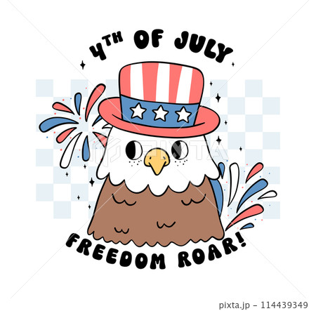 Groovy 4th of July Retro Eagle bald Cartoon Trendy Character doodle idea for Shirt Sublimation, greeting card Groovy 4th of July Retro Eagle bald Cartoon Trendy Character doodle idea for Shirt Sublimation, greeting card 114439349