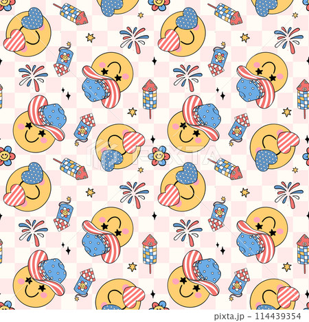 Groovy Retro Seamless Pattern for 4th of July smile face emoji on pink Checkered background 114439354