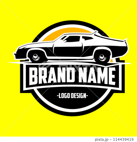 logo of 1973 Ford eagle GT old classic car isolated on white background seen from side. best for the auto transport industry. vector illustration available in eps 10. logo of 1973 Ford eagle GT old classic car isolated on white background seen from side. best for the auto transport industry. vector illustration available in eps 10. 114439419