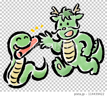 辰年から巳年へ　バトンタッチする辰と巳　筆タッチイラスト 114439422