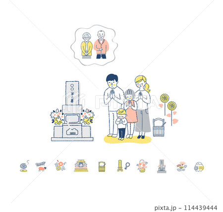 お墓参りをする家族とアイコン 114439444
