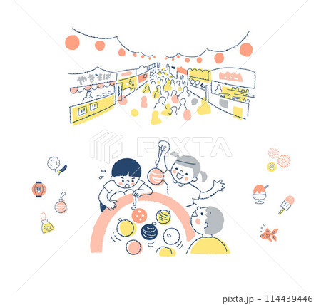 祭りの屋台とヨーヨー釣りをする子供たち 114439446