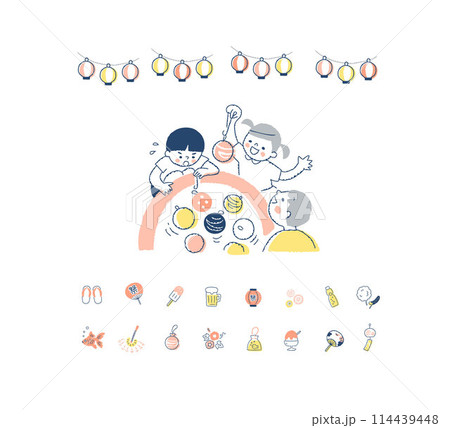 ヨーヨー釣りをする子供たちと祭りのアイコン 114439448