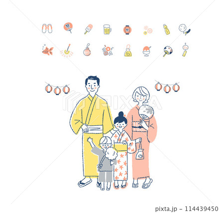 浴衣姿の4人家族と祭りのアイコン 114439450