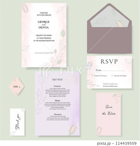 Elegant watercolor and leaves on wedding invitation card template Elegant watercolor and leaves on wedding invitation card template 114439509