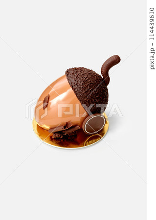 Chocolate acorn shaped cake in glossy ganache on white 114439610