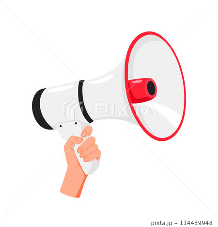 Hand hold megaphone speaker for announce. Attention please. Shouting people, advertisement speech symbol. Hand hold megaphone speaker for announce. Attention please. Shouting people, advertisement speech symbol. 114439948