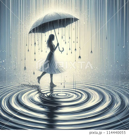 雨の中の水の上を歩く女性のシルエット 114440055