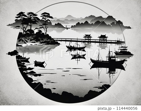 水墨画風のタッチで、海の風景です。和のイメージです。の