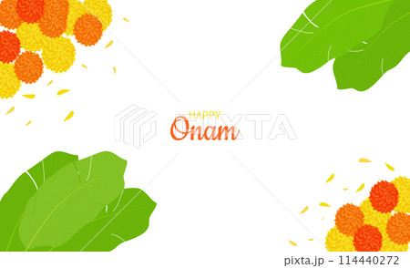 Onam Indian Festival Kerala State. Floral patterns. Flowers and palm leaves. Happy Onam holiday. Poster Banner Design. Vector illustration. 114440272