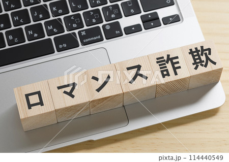 ロマンス詐欺と書かれた積み木のブロック 114440549