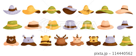 Cartoon hats. Female,male and kids headwear, derby and cowboy, straw hat, panama. Summer women vintage fashion hats vector set. Illustration female,male and Kids accessory hat. 114440562