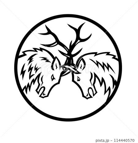 Bull Elk or Wapiti in Fighting in Rut Circle Mascot Retro Bull Elk or Wapiti in Fighting in Rut Circle Mascot Retro 114440570