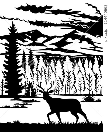 Mule Deer in Capitan Mountains in Lincoln County New Mexico Scherenschnitte Paper Cut Style 114440662