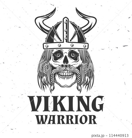 Viking warrior logo, badge, sticker. Vector illustration. For emblems, labels and patch. Monochrome style viking in helmet. Viking warrior logo, badge, sticker. Vector illustration. For emblems, labels and patch. Monochrome style viking in helmet. 114440913