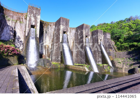 【香川県】ツツジ咲く春の豊稔池ダム（豊稔池堰堤）国最初の石積式多連マルチプルアーチダム 114441065