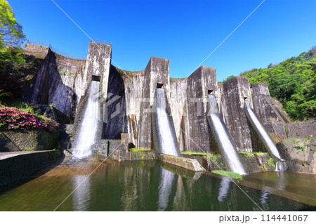 【香川県】ツツジ咲く春の豊稔池ダム（豊稔池堰堤）国最初の石積式多連マルチプルアーチダム 114441067