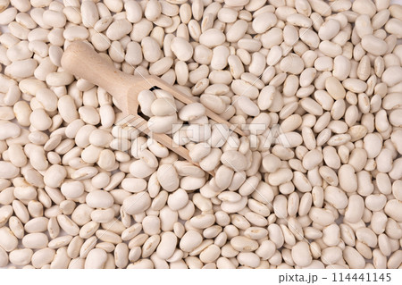 background of white kidney beans close up, top view 114441145