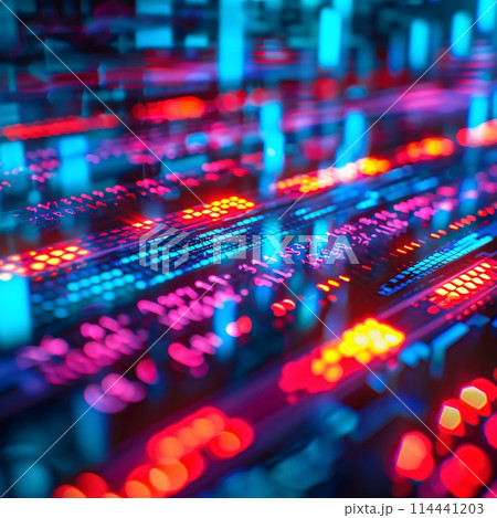 Futuristic Technology Background with Glowing Neon Lights and Circuit Board 114441203