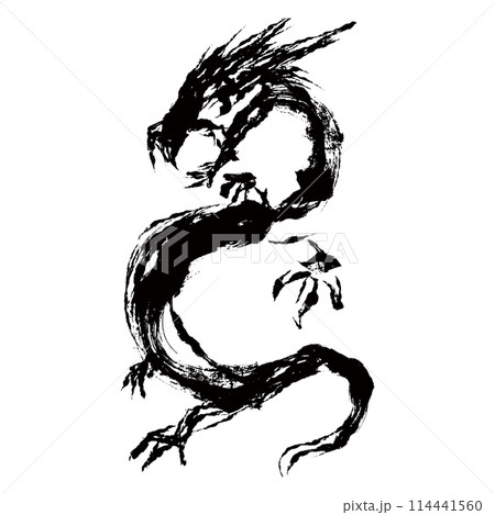 シンプルな龍・ドラゴンの墨絵風で描かれたイラスト素材　ベクター 114441560