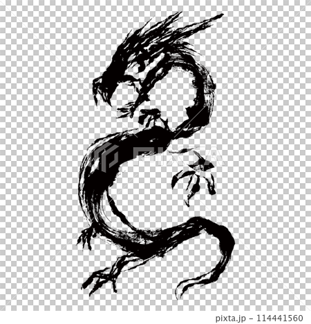 シンプルな龍・ドラゴンの墨絵風で描かれたイラスト素材　ベクター 114441560