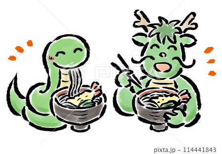 辰年から巳年へ 年越しそばを食べる辰と巳 筆タッチ手描き