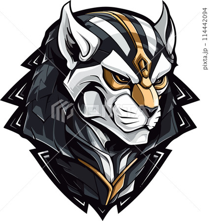 A sphinx cat with a menacing look on its face. The cat is surrounded by a diamond shape. 114442094