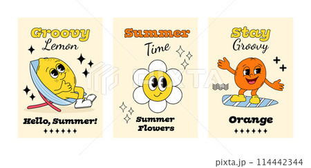 Retro groovy fruit character. Summer posters set 60s, 70s. Vintage fresh fruit mascot. Retro groovy fruit character. Summer posters set 60s, 70s. Vintage fresh fruit mascot. 114442344