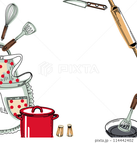 Frame with kitchen utensils: a red saucepan, a frying pan, a polka dot apron, a whisk, a knife, a salt shaker, a pepper mill, a cooking spatula. Vector illustration. For kitchen, stove, design. Frame with kitchen utensils: a red saucepan, a frying pan, a polka dot apron, a whisk, a knife, a salt shaker, a pepper mill, a cooking spatula. Vector illustration. For kitchen, stove, design. 114442402