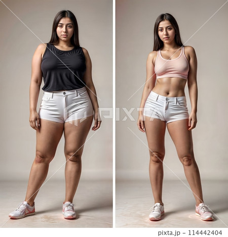Before-and-after images of woman's transformation from overweight to slim 114442404