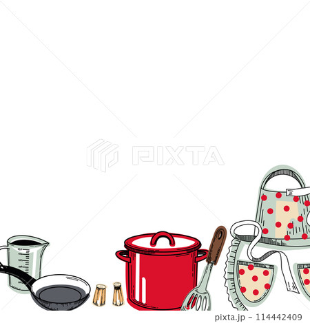 Kitchen composition with utensils: red saucepan, frying pan, polka dot apron, whisk, knife, salt shaker, pepper mill, cooking spatula, whisk. Vector illustration. For kitchen, stove, design. 114442409