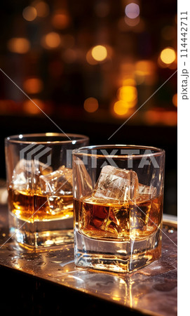 A close-up photo of two glasses whiskey, each containing a big ice cube, set against a bokeh background that exudes a well-lit bar atmosphere, amber liquid gleams under the ambient lighting 114442711