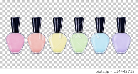 Nail polish bottles in delicate pastel colors. Streamline glossy glass with black cap. Nail care. Multicolored via. Watercolor illustration. As template for manicure design 114442718