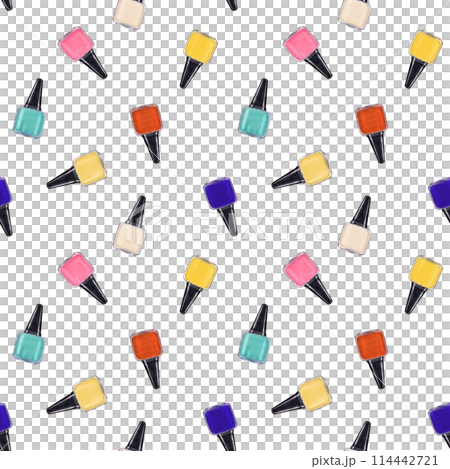Flying bottles of multicolored nail polish. Seamless pattern of bottle in contrasting bright colors. Nail care. Manicure and pedicure accessories. Watercolor illustration in nostalgia color style Flying bottles of multicolored nail polish. Seamless pattern of bottle in contrasting bright colors. Nail care. Manicure and pedicure accessories. Watercolor illustration in nostalgia color style 114442721