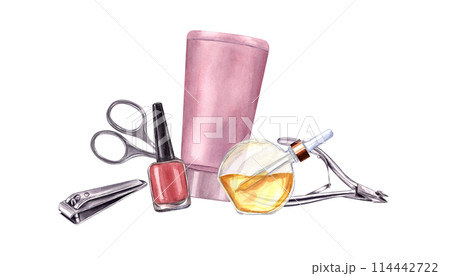 Manicure tools. Nail care accessories. Hand cream, cosmetic oil, metallic cuticle trimmer, nail clippers and scissors. Red nail polish. Watercolor illustration for package, label 114442722