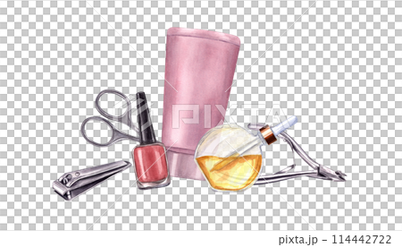 Manicure tools. Nail care accessories. Hand cream, cosmetic oil, metallic cuticle trimmer, nail clippers and scissors. Red nail polish. Watercolor illustration for package, label 114442722