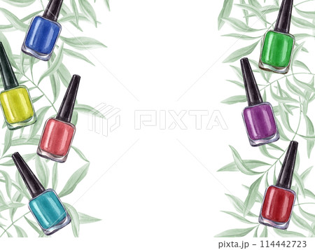 Nail polish bottles in contrasting bright colors. Multicolored manicure accessories against background of leaves. Frame with copy space for text. Nail care. Beauty cosmetic. Watercolor illustration 114442723