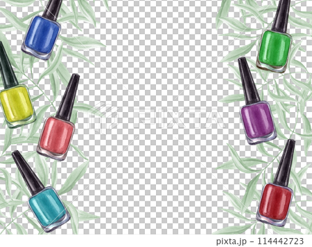 Nail polish bottles in contrasting bright colors. Multicolored manicure accessories against background of leaves. Frame with copy space for text. Nail care. Beauty cosmetic. Watercolor illustration 114442723