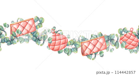 Pink women clutches and eucalyptus branches. Vintage horizontal border with fashion accessories, fresh summer plants. Small leather handbag with gold insert. Watercolor illustration for party design 114442857