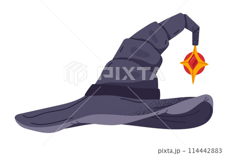 Cartoon wizard pointy hat. Halloween witch hat, trick or treat october party magic costume element, spooky hat flat vector illustration. Creepy magician hat Cartoon wizard pointy hat. Halloween witch hat, trick or treat october party magic costume element, spooky hat flat vector illustration. Creepy magician hat 114442883