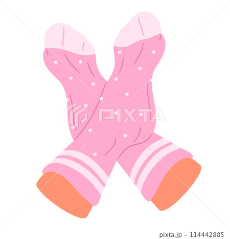Feet in socks. Hand drawn human feet wearing cotton socks, pair feet in relaxed position flat isolated vector illustration. Female feet on white background 114442885